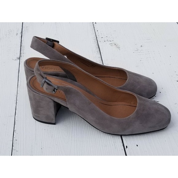 Vionic Nareen Backstrap Block Heel Gray Suede Leather Shoes Women Size 8 NEW - Picture 2 of 6